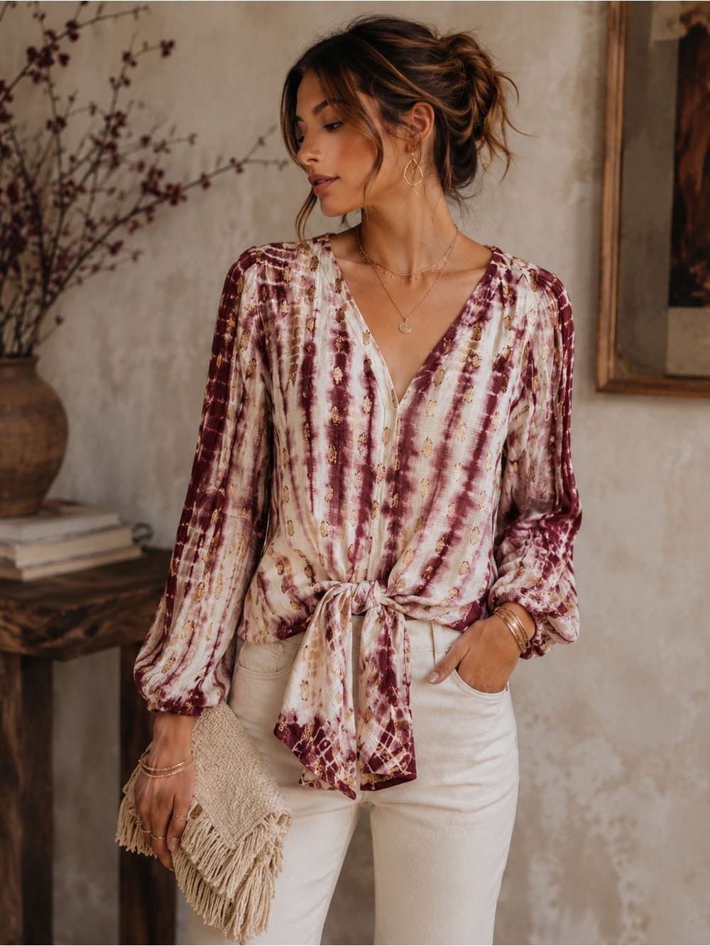 Love Stitch Boho Tie Dye Front Tie Blouse Boutique Chic Top